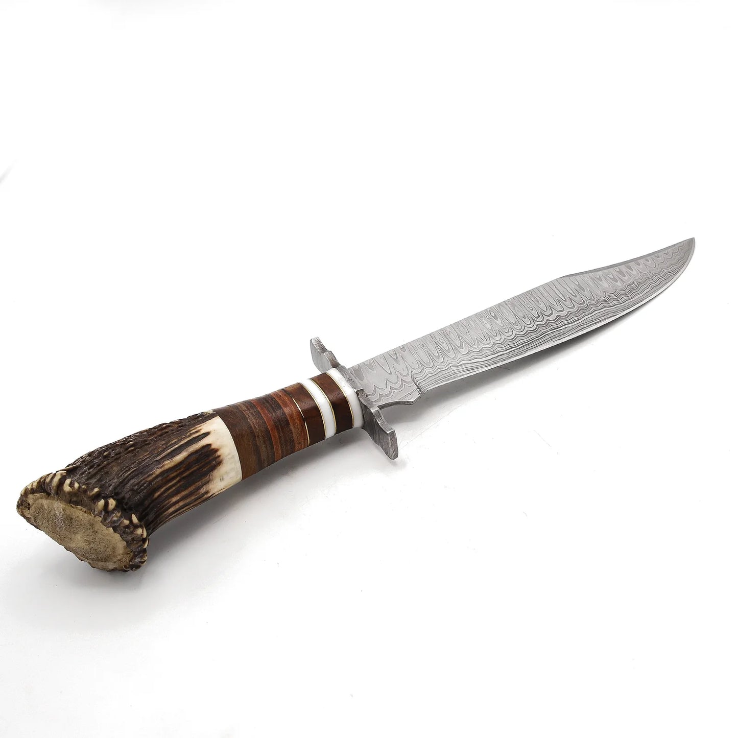 Rankų darbo Damasko plieno Bowie medžioklinis peilis: elnio odos rankena, odinis makštis
