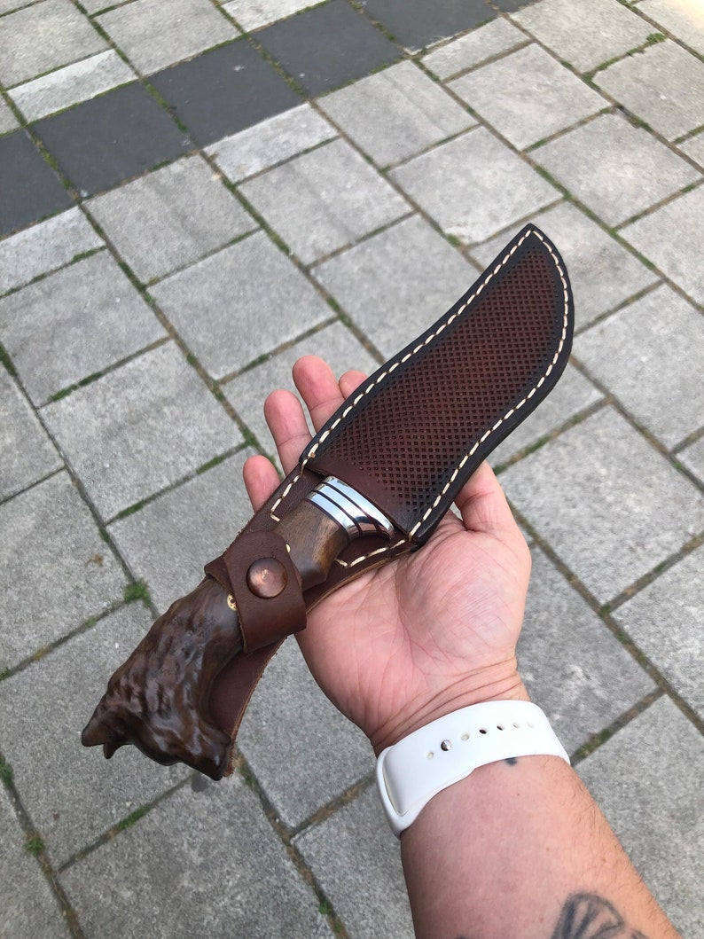 Vilko galvos turistinis peilis, rankų darbo medžioklės peilis, jubiliejaus/gimtadienio dovana, personalizuotas peilis